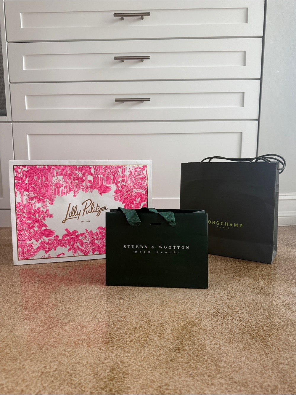 Stubbs & Wootton, Lilly Pulitzer and Longchamp gift bags. Lot of 3